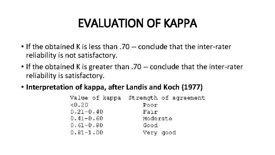 EVALUATION OF KAPPA • If the obtained K is less than. 70 -- conclude EVALUATION OF KAPPA • If the obtained K is less than. 70 -- conclude