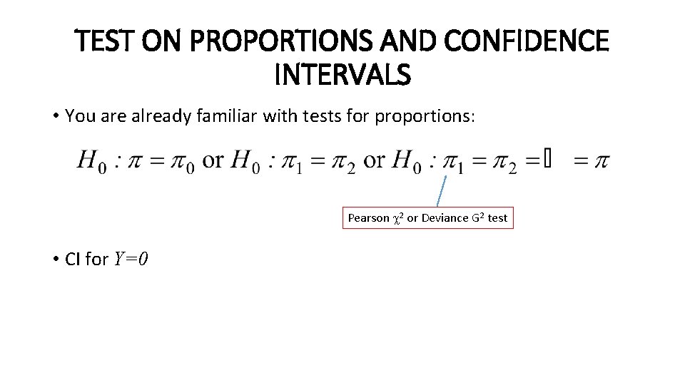 TEST ON PROPORTIONS AND CONFIDENCE INTERVALS • You are already familiar with tests for TEST ON PROPORTIONS AND CONFIDENCE INTERVALS • You are already familiar with tests for