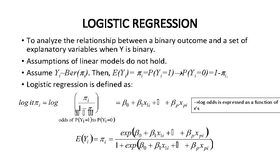 LOGISTIC REGRESSION • To analyze the relationship between a binary outcome and a set LOGISTIC REGRESSION • To analyze the relationship between a binary outcome and a set