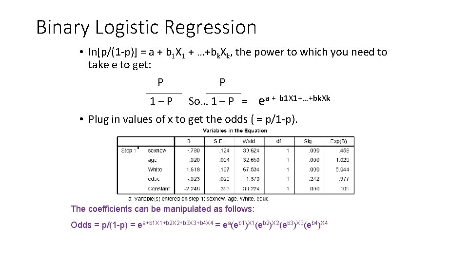 Binary Logistic Regression • ln[p/(1 -p)] = a + b 1 X 1 +
