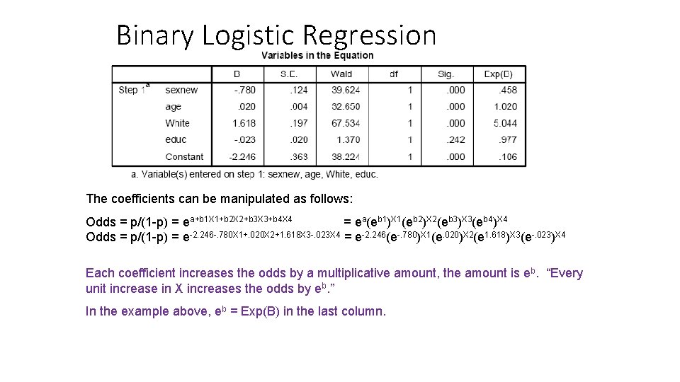 Binary Logistic Regression The coefficients can be manipulated as follows: Odds = p/(1 -p) Binary Logistic Regression The coefficients can be manipulated as follows: Odds = p/(1 -p)