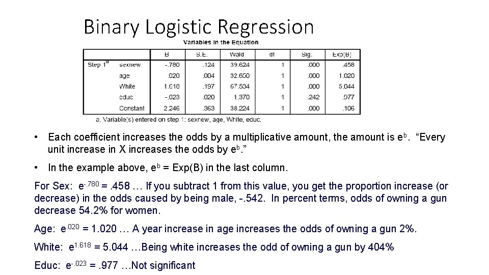 Binary Logistic Regression • Each coefficient increases the odds by a multiplicative amount, the Binary Logistic Regression • Each coefficient increases the odds by a multiplicative amount, the