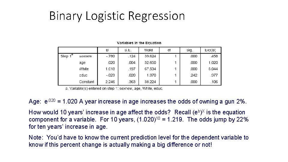 Binary Logistic Regression Age: e. 020 = 1. 020 A year increase in age Binary Logistic Regression Age: e. 020 = 1. 020 A year increase in age