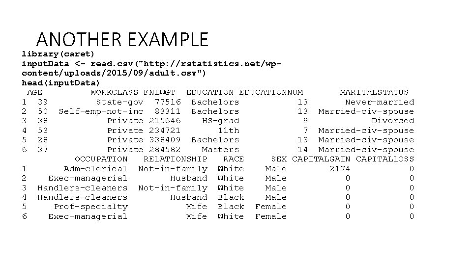 ANOTHER EXAMPLE library(caret) input. Data <- read. csv("http: //rstatistics. net/wpcontent/uploads/2015/09/adult. csv") head(input. Data) AGE ANOTHER EXAMPLE library(caret) input. Data <- read. csv("http: //rstatistics. net/wpcontent/uploads/2015/09/adult. csv") head(input. Data) AGE