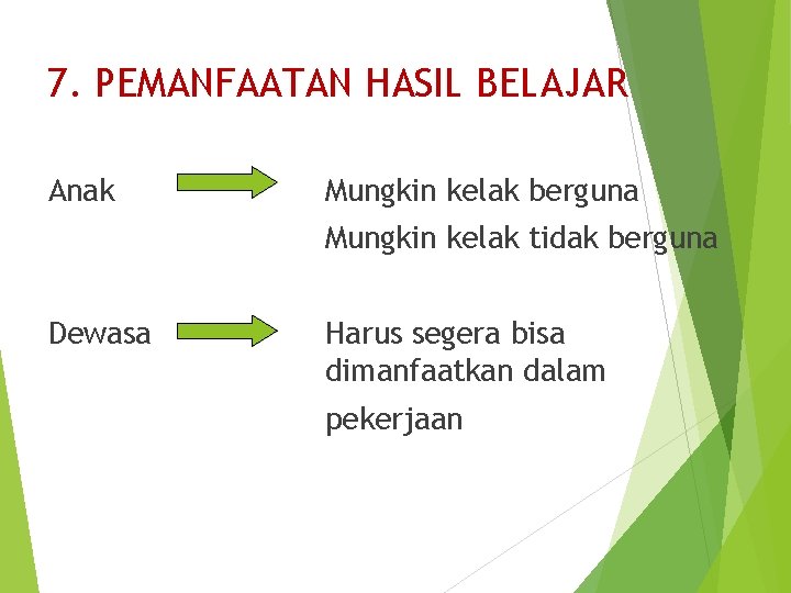 7. PEMANFAATAN HASIL BELAJAR Anak Mungkin kelak berguna Mungkin kelak tidak berguna Dewasa Harus