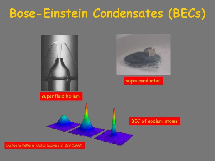 Bose-Einstein Condensates (BECs) superconductor superfluid helium BEC of sodium atoms Durfee & Ketterle, Optics