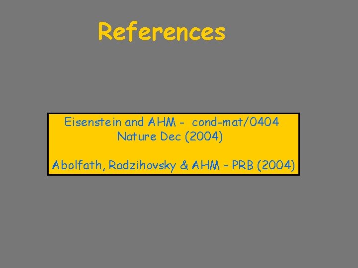 References Eisenstein and AHM - cond-mat/0404 Nature Dec (2004) Abolfath, Radzihovsky & AHM –