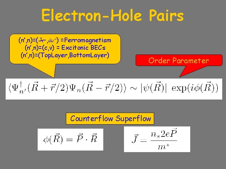 Electron-Hole Pairs (n’, n)=( , ) =Ferromagnetism (n’, n)=(c, v) = Excitonic BECs (n’,