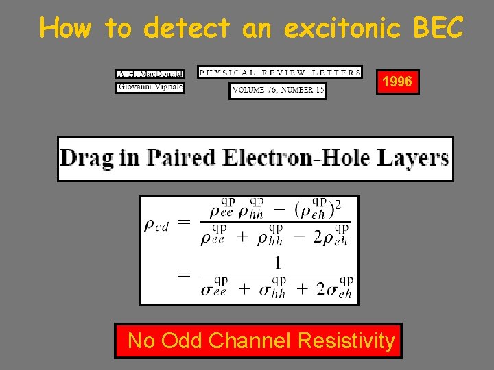 How to detect an excitonic BEC 1996 No Odd Channel Resistivity 