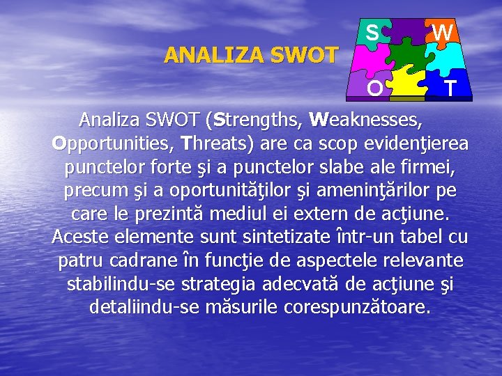 ANALIZA SWOT S W O T Analiza SWOT (Strengths, Weaknesses, Opportunities, Threats) are ca