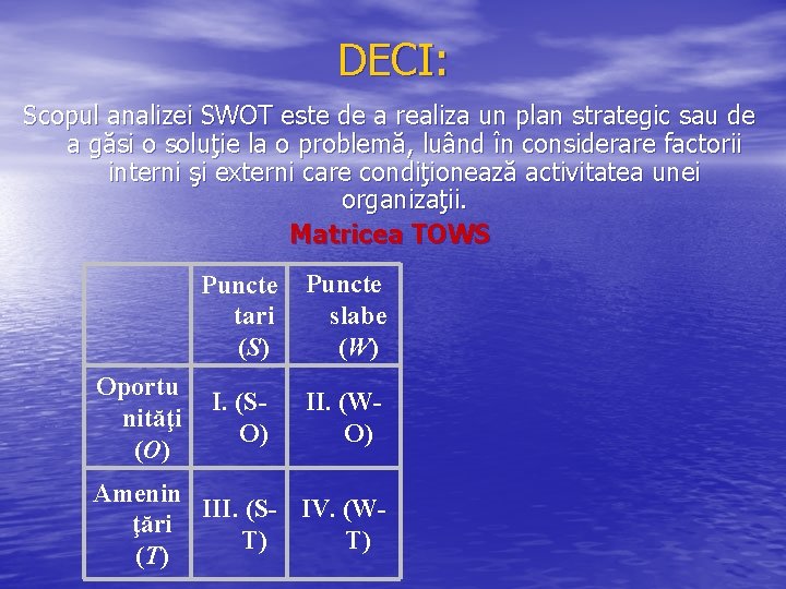 DECI: Scopul analizei SWOT este de a realiza un plan strategic sau de a