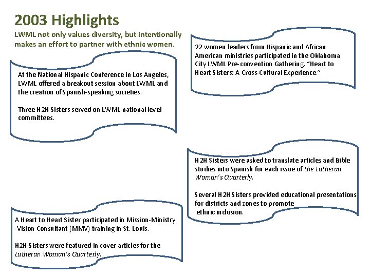 2003 Highlights LWML not only values diversity, but intentionally makes an effort to partner