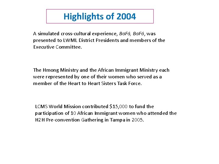 Highlights of 2004 A simulated cross-cultural experience, Ba. Fá, was presented to LWML District