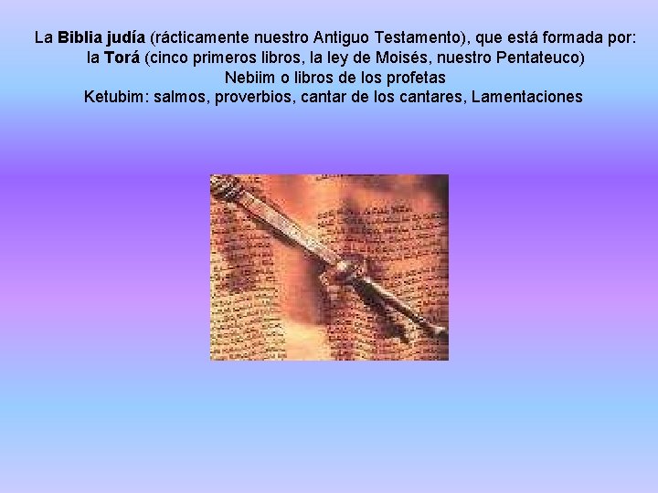 La Biblia judía (rácticamente nuestro Antiguo Testamento), que está formada por: la Torá (cinco