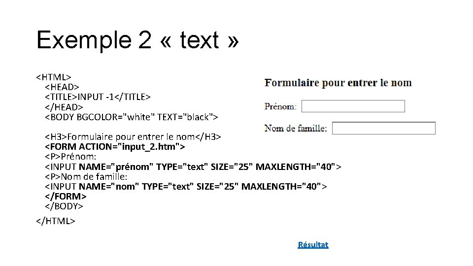 Exemple 2 « text » <HTML> <HEAD> <TITLE>INPUT -1</TITLE> </HEAD> <BODY BGCOLOR="white" TEXT="black"> <H