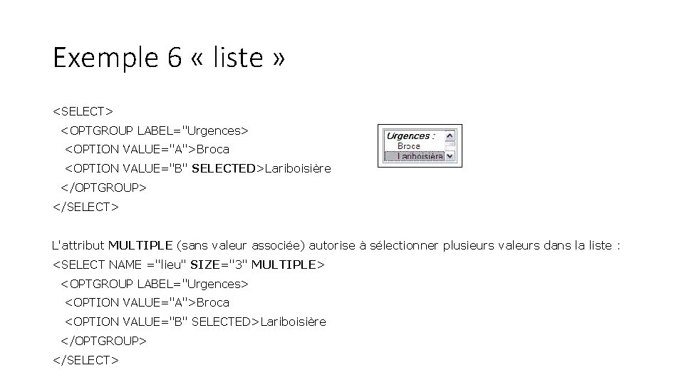 Exemple 6 « liste » <SELECT> <OPTGROUP LABEL="Urgences> <OPTION VALUE="A">Broca <OPTION VALUE="B" SELECTED>Lariboisière </OPTGROUP> Exemple 6 « liste » <SELECT> <OPTGROUP LABEL="Urgences> <OPTION VALUE="A">Broca <OPTION VALUE="B" SELECTED>Lariboisière </OPTGROUP>