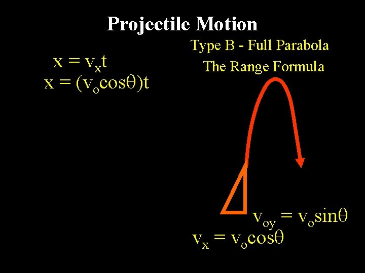 Projectile Motion x = vxt x = (vocos )t Type B - Full Parabola