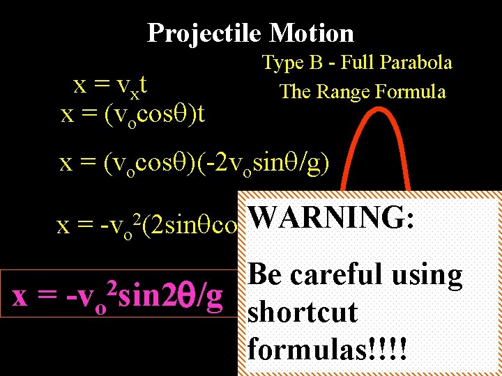Projectile Motion x = vxt x = (vocos )t Type B - Full Parabola
