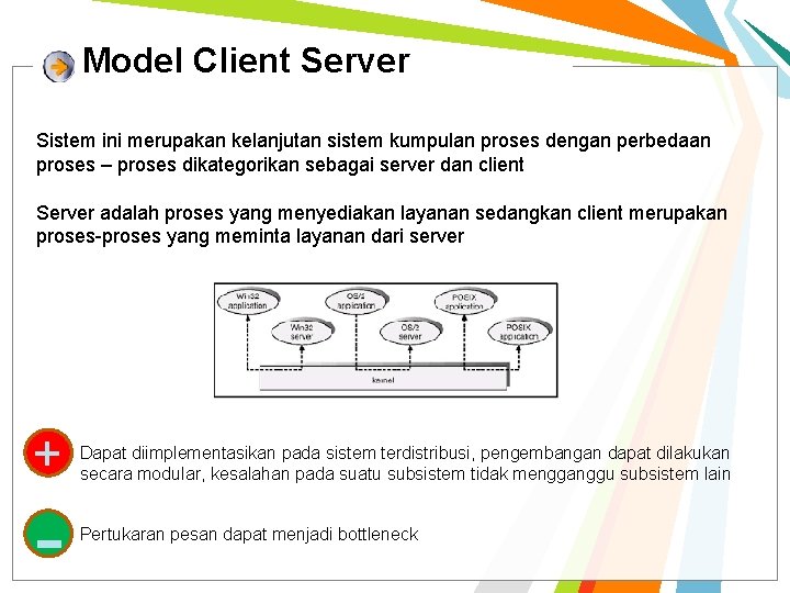 Model Client Server Sistem ini merupakan kelanjutan sistem kumpulan proses dengan perbedaan proses –