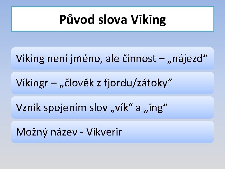 Původ slova Viking není jméno, ale činnost – „nájezd“ Víkingr – „člověk z fjordu/zátoky“