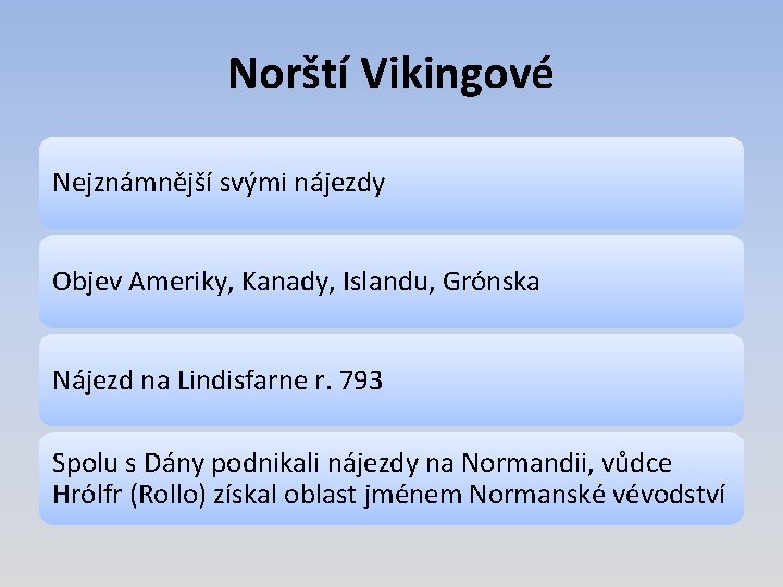 Norští Vikingové Nejznámnější svými nájezdy Objev Ameriky, Kanady, Islandu, Grónska Nájezd na Lindisfarne r.