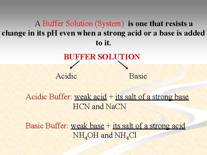 A Buffer Solution (System) is one that resists a change in its p. H