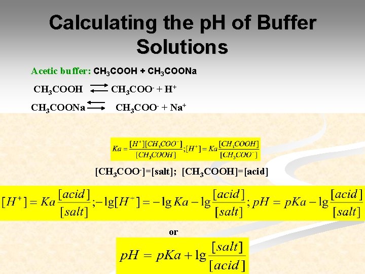 Calculating the p. H of Buffer Solutions Acetic buffer: CH 3 COOH + CH