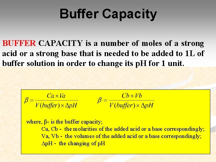 Buffer Capacity BUFFER CAPACITY is a number of moles of a strong acid or