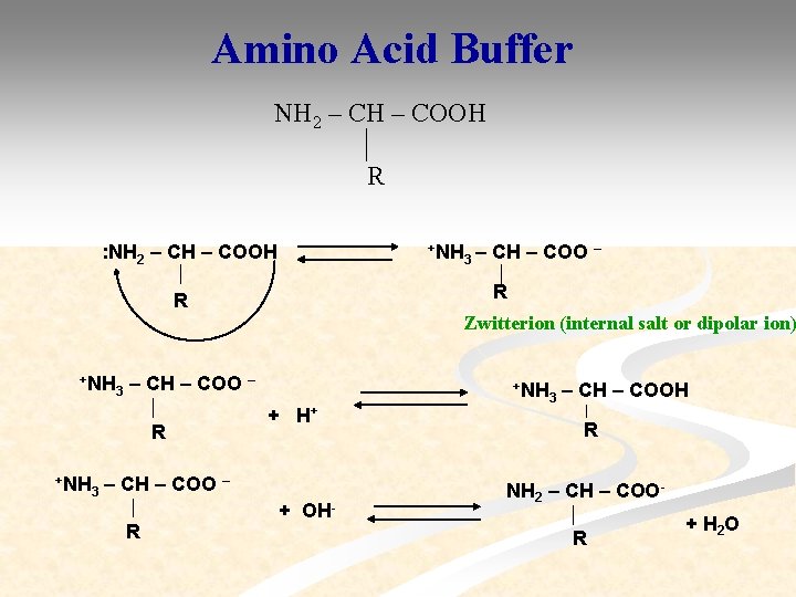 Amino Acid Buffer NH 2 – CH – COOH R : NH 2 –