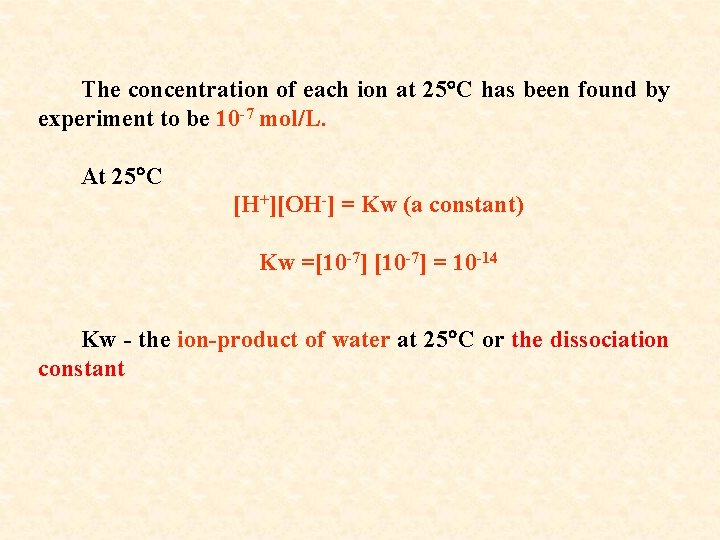 The concentration of each ion at 25 C has been found by experiment to