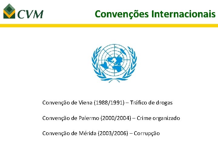 Convenções Internacionais Convenção de Viena (1988/1991) – Tráfico de drogas Convenção de Palermo (2000/2004)