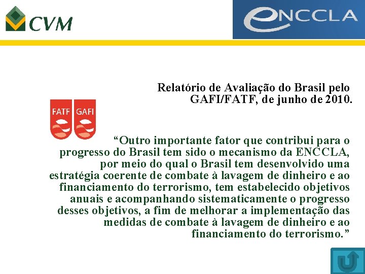 Relatório de Avaliação do Brasil pelo GAFI/FATF, de junho de 2010. “Outro importante fator