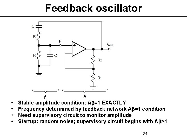 Feedback oscillator • • Stable amplitude condition: Ab=1 EXACTLY Frequency determined by feedback network