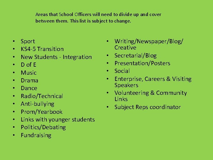 Areas that School Officers will need to divide up and cover between them. This
