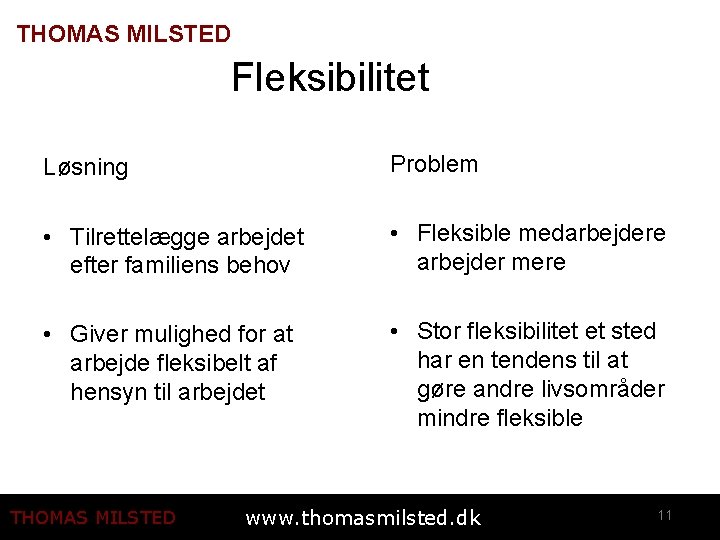 THOMAS MILSTED Fleksibilitet Løsning Problem • Tilrettelægge arbejdet efter familiens behov • Fleksible medarbejdere