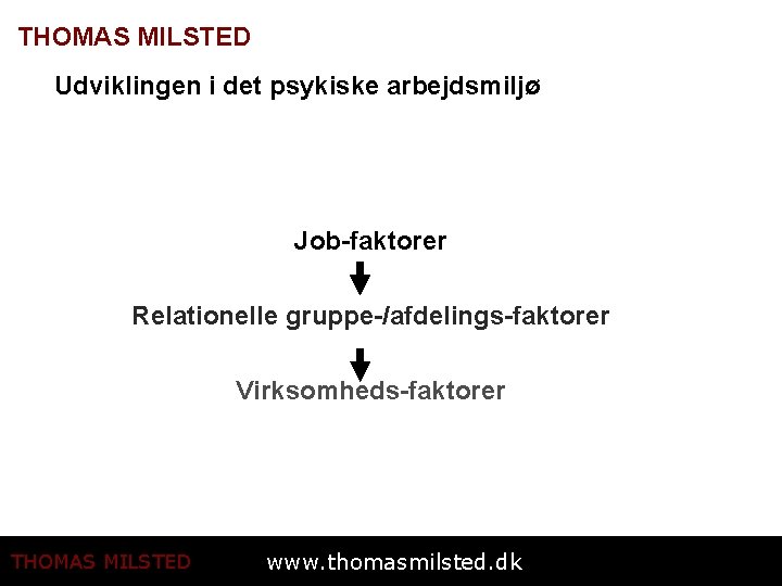 THOMAS MILSTED Udviklingen i det psykiske arbejdsmiljø Job-faktorer Relationelle gruppe-/afdelings-faktorer Virksomheds-faktorer THOMAS MILSTED www.