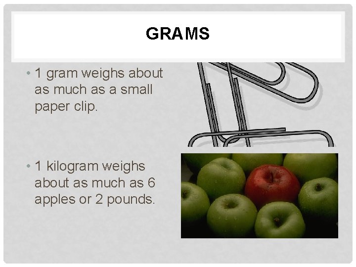 GRAMS • 1 gram weighs about as much as a small paper clip. •