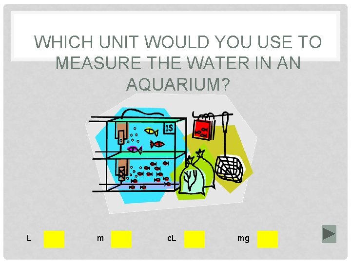 WHICH UNIT WOULD YOU USE TO MEASURE THE WATER IN AN AQUARIUM? L m