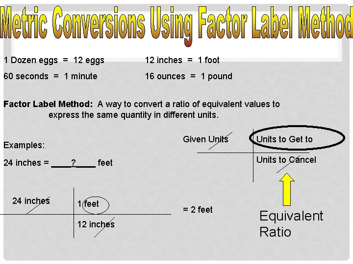 1 Dozen eggs = 12 eggs 12 inches = 1 foot 60 seconds =