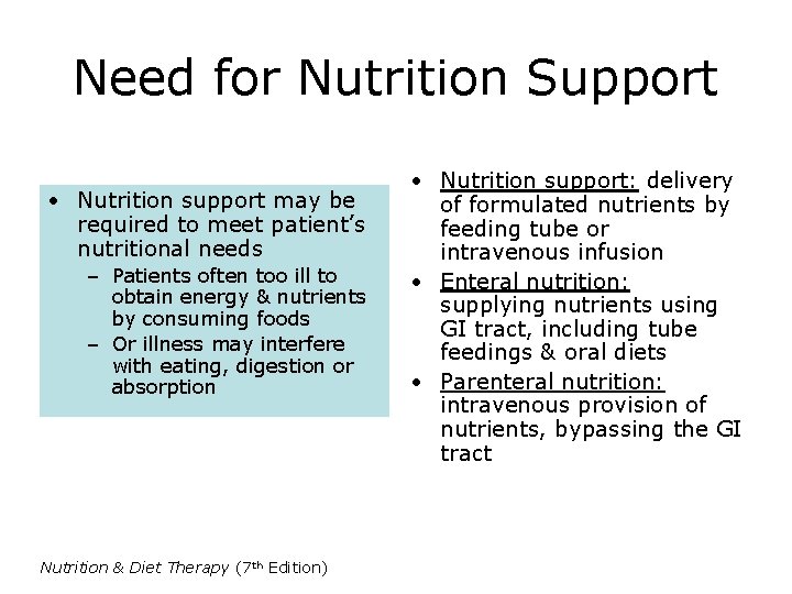 Need for Nutrition Support • Nutrition support may be required to meet patient’s nutritional