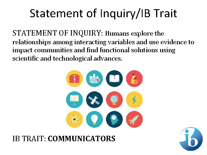 Statement of Inquiry/IB Trait STATEMENT OF INQUIRY: Humans explore the relationships among interacting variables Statement of Inquiry/IB Trait STATEMENT OF INQUIRY: Humans explore the relationships among interacting variables