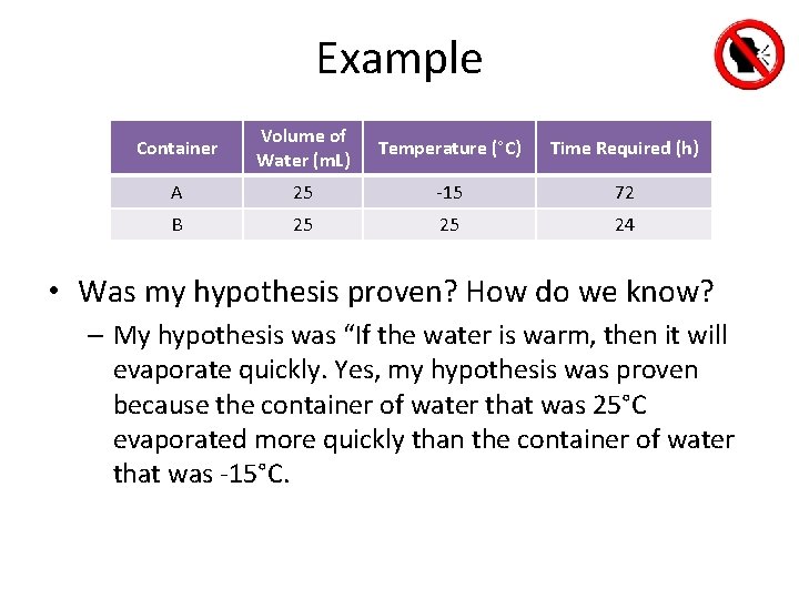 Example Container Volume of Water (m. L) Temperature (°C) Time Required (h) A 25 Example Container Volume of Water (m. L) Temperature (°C) Time Required (h) A 25