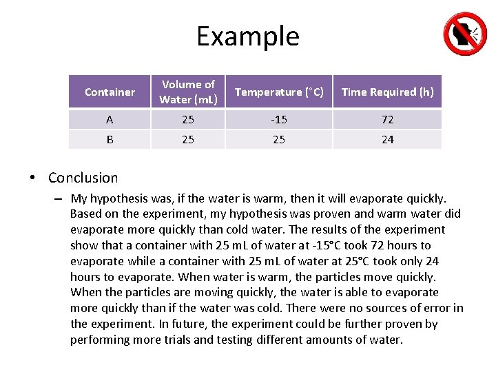 Example Container Volume of Water (m. L) Temperature (°C) Time Required (h) A 25 Example Container Volume of Water (m. L) Temperature (°C) Time Required (h) A 25