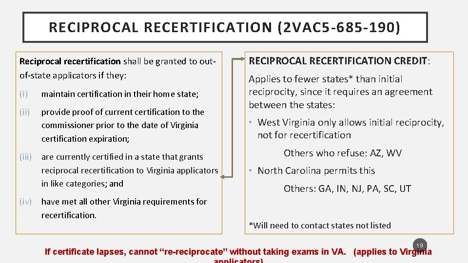 RECIPROCAL RECERTIFICATION (2 VAC 5 -685 -190) Reciprocal recertification shall be granted to outof-state