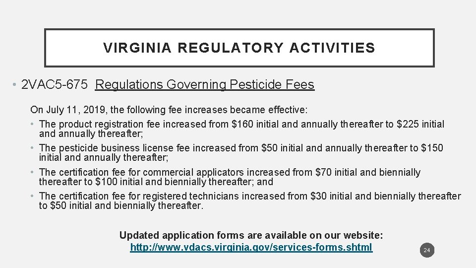 VIRGINIA REGULATORY ACTIVITIES • 2 VAC 5 -675 Regulations Governing Pesticide Fees On July