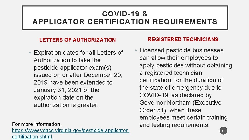 COVID-19 & APPLICATOR CERTIFICATION REQUIREMENTS LETTERS OF AUTHORIZATION • Expiration dates for all Letters