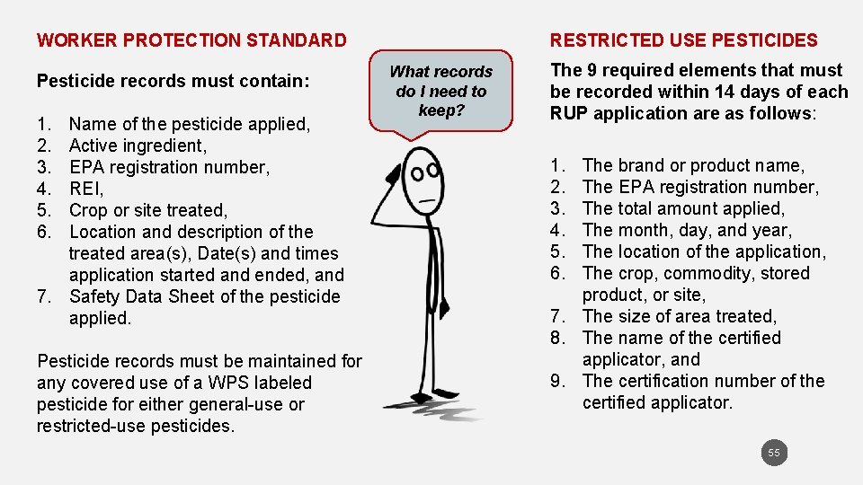 RESTRICTED USE PESTICIDES WORKER PROTECTION STANDARD Pesticide records must contain: 1. 2. 3. 4.