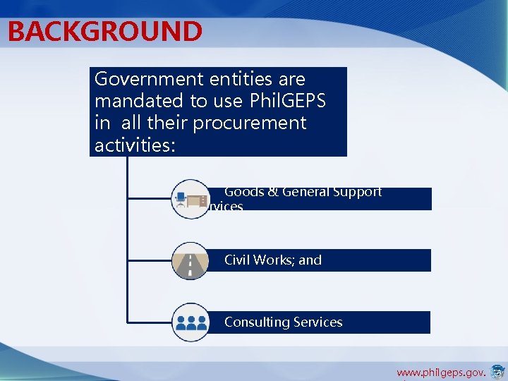 BACKGROUND Government entities are mandated to use Phil. GEPS in all their procurement activities: