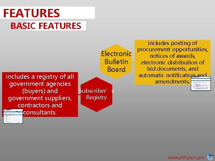 FEATURES BASIC FEATURES Electronic Bulletin Board includes a registry of all government agencies Subscriber’s