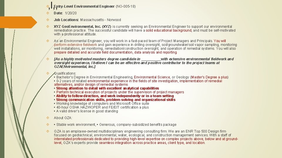 , l, , Entry-Level Environmental Engineer (NO-005 -18) Date: 1/20/20 Job Locations: Massachusetts -